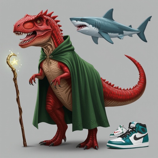 T-rex rosso con la coda di uno squalo con tre scarpe Nike e un bastone magico mantello verde