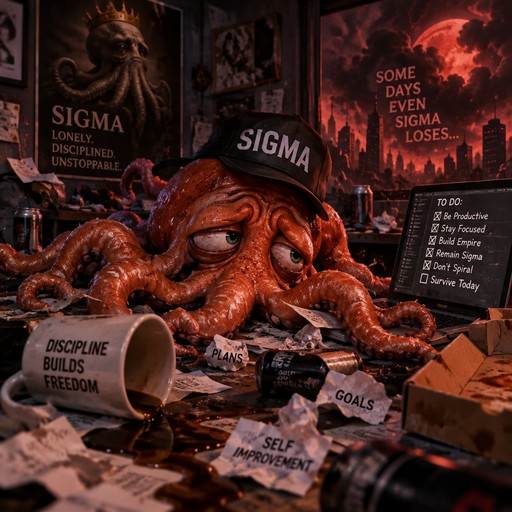 Orange octopus wearing a sigma cap among dark meme posters and scattered papers