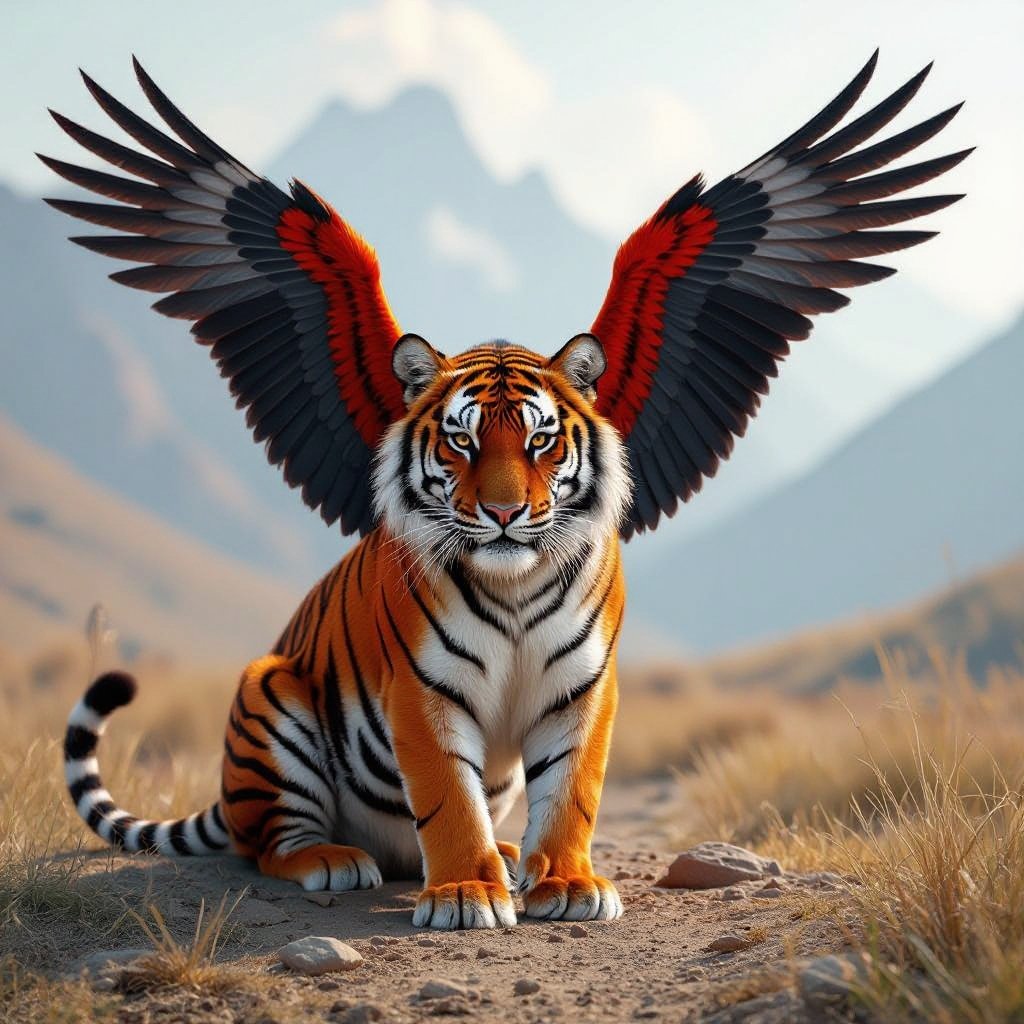 A red tiger with white stripes with black wings