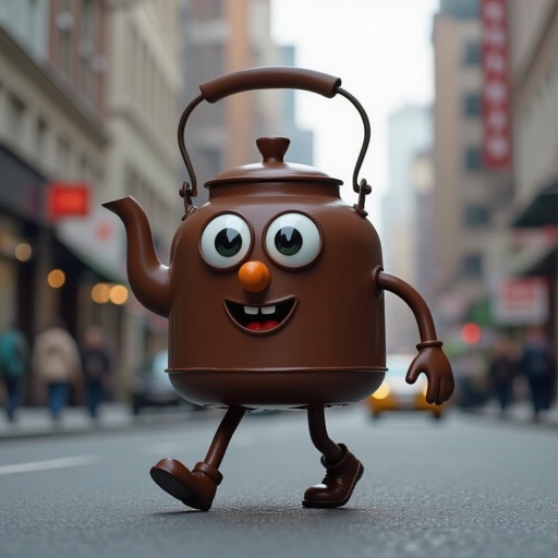 Brown kettle with 2 human leg 1 human hand 2 big eye 1 brown nose and mouth in city