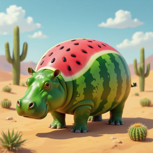 Green hippo with watermelon body in desert