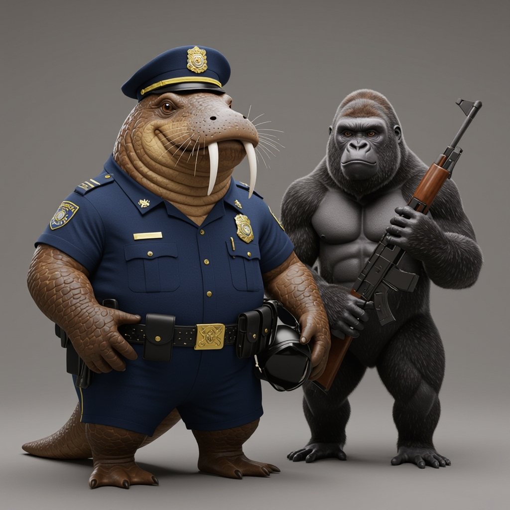 Buff platypus Monster police Man and walrus and gorilla rapace