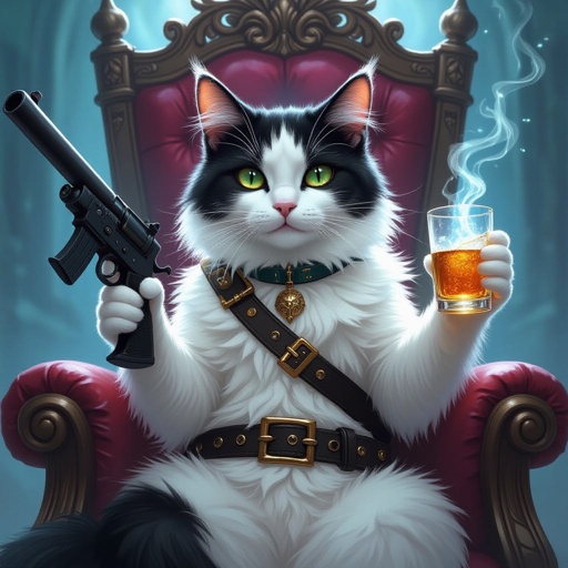 Gatto bianco e nero con un fucile a pompa e che beve la vodka e con un fucile in fronte che è sul trono