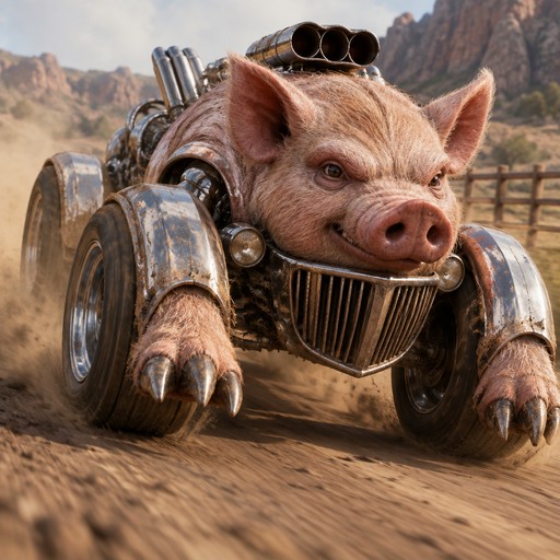 Surreal pig-shaped monster truck racing through a dusty desert landscape
