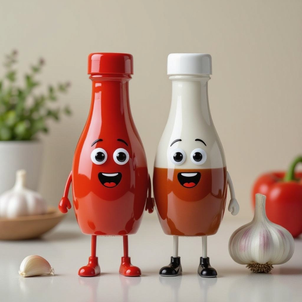 Molho de pimenta do lado de um molho de alho. Os dois em pé e de garrafa que tem pernas, e tenham boca e olhos. OBS:realista 