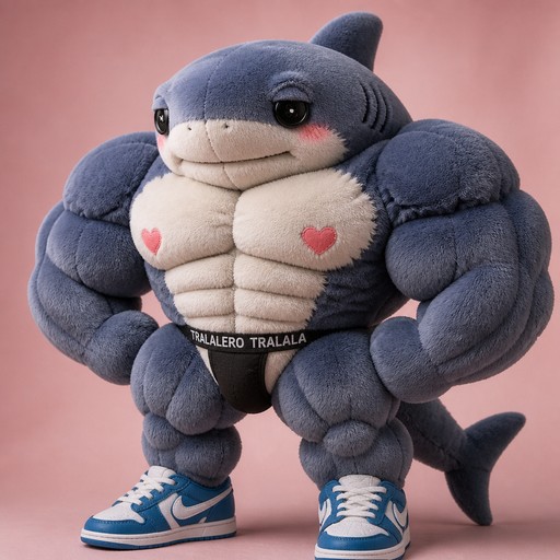 Muscular blue shark character flexing in sneakers against a pink background