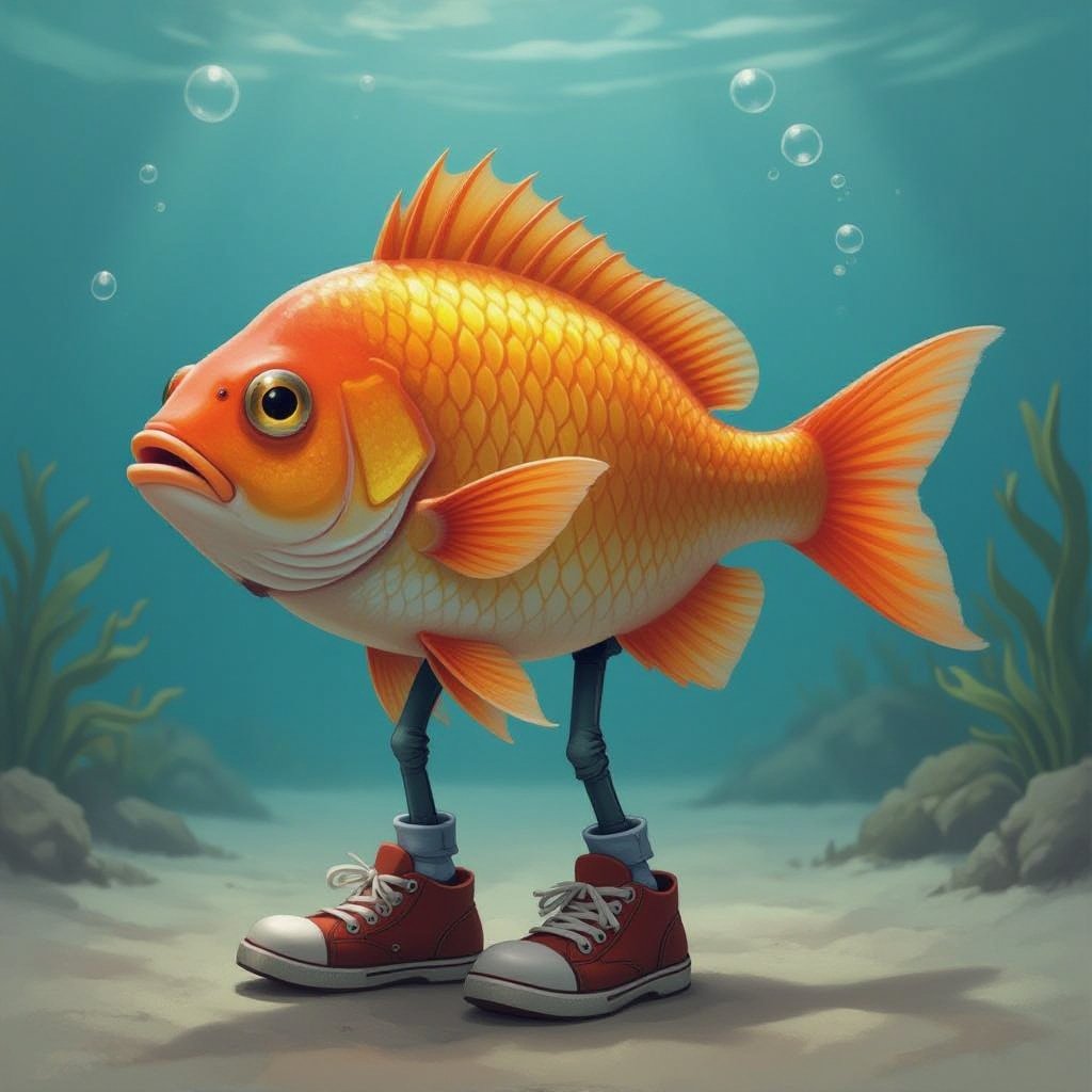 Um peixe com três pernas humanas e um sapato