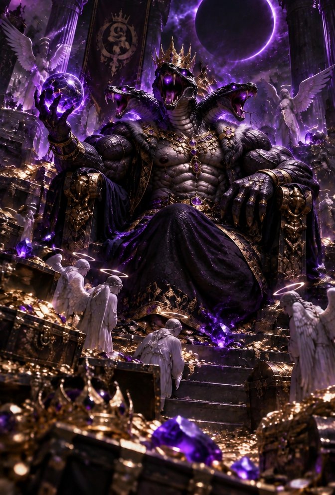 Purple fantasy throne scene with armored figures, glowing crystals, and dramatic lighting