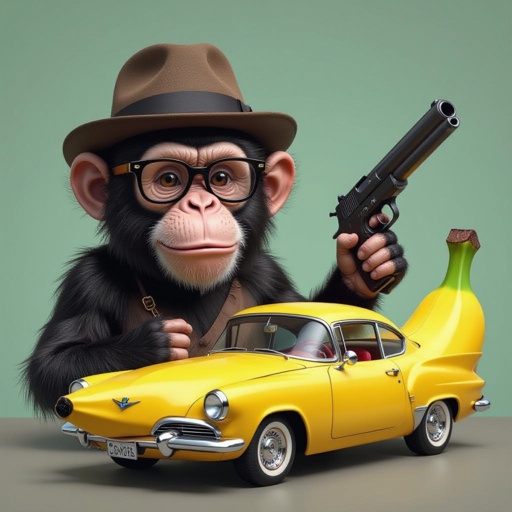 Una scimmia con gli occhiali coi cappello e con una pistola e una macchina a forma di banana