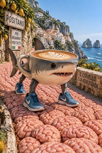 Shark wearing sunglasses and blue sneakers on a brain-shaped coastal walkway, surreal 3D style