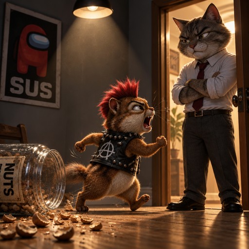 Cartoon cat in black clothing confronts a taller cat indoors, with scattered coins.