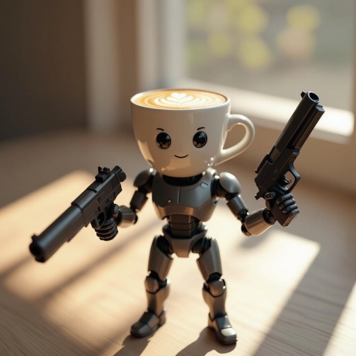 Um café com leite uma arma na mão humanoide