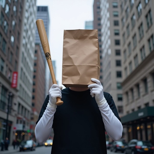 Paper job on head 2 white arm 2 white leg with baseball bat in city