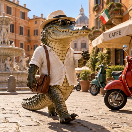 A dressed-up crocodile walks through a sunny Italian plaza with scooters and café awnings.