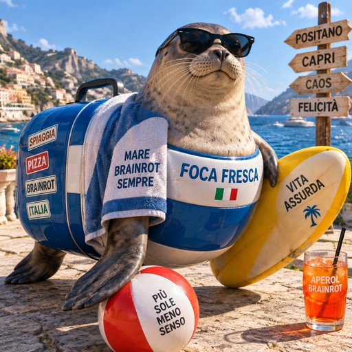 A stylized seal wearing branded clothing beside colorful beach signs and drinks