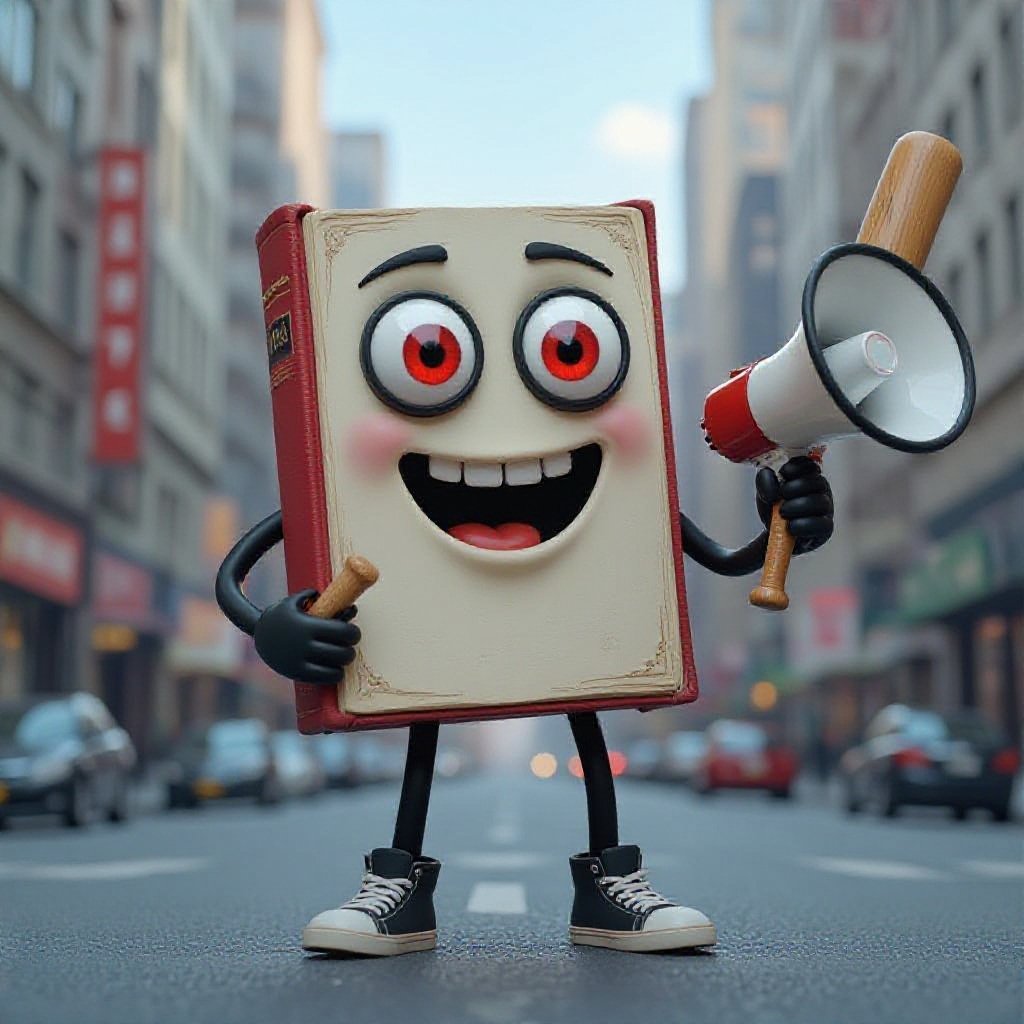 Book with human face 2 red eye 2 black arm 2 black leg with wear 2 shoes with baseball bat and megaphone in city