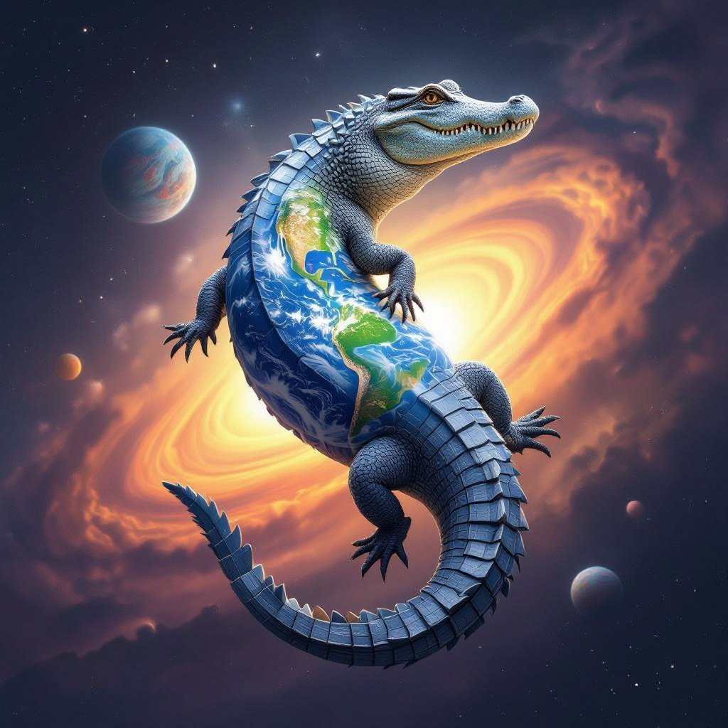 A alligator that has a planet as his body
