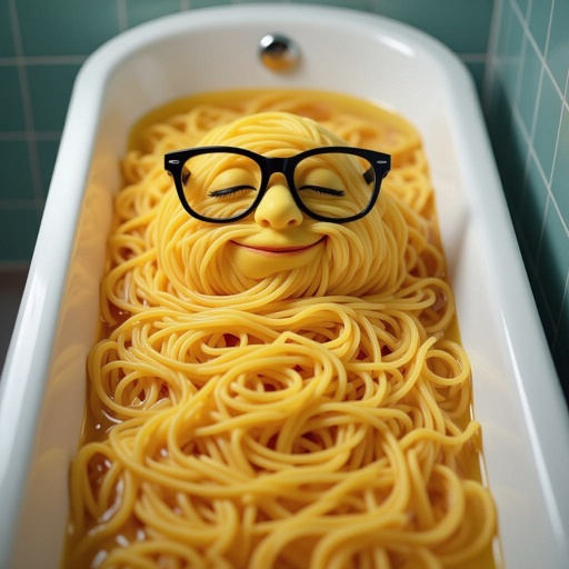 Make a bath tub with noodles in and it’s wearing glasses and it has a smug face