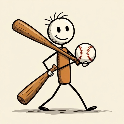 A stick whit a face and legs and hands that’s holding a baseball