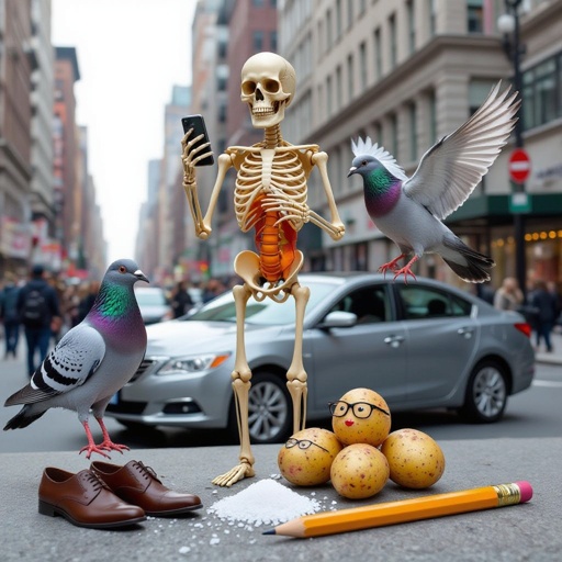 Iced tea with skeleton with phone head with pigeon with grey car body wear 2 shoes 4 pigeon leg with pencil with human face with salt and honey potato with human face wear glasses and necklace 1 human hand is good in city