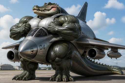 Muscular crocodile creature fused with a gray military aircraft, rendered in realistic 3D style