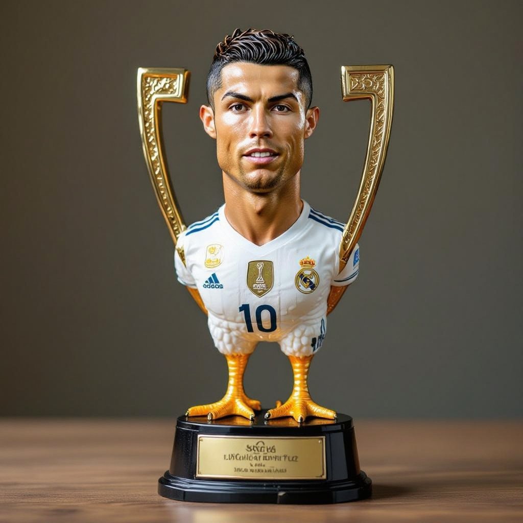 Faça um troféu com cara do Cristiano Ronaldo e com pernas de galinha 