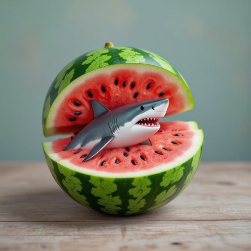 A watermelon cut open and a sharks head in one the watermelon