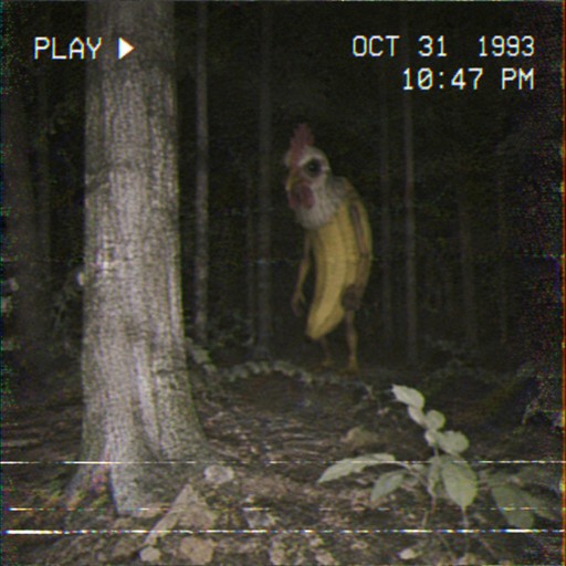 Grainy VHS-style night forest scene with a person standing among trees