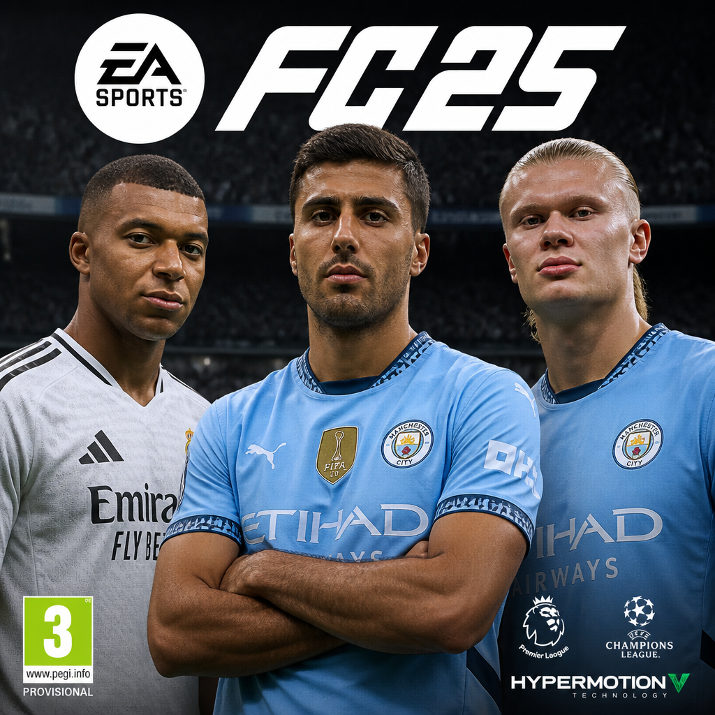 Mbappe, Rodri, and Haaland ona FC25 cover
