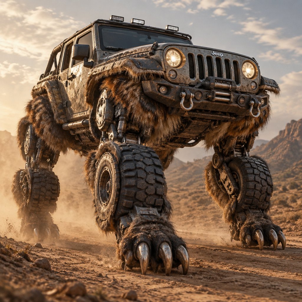 Oversized furry monster truck drives across a dusty desert in a surreal meme style.