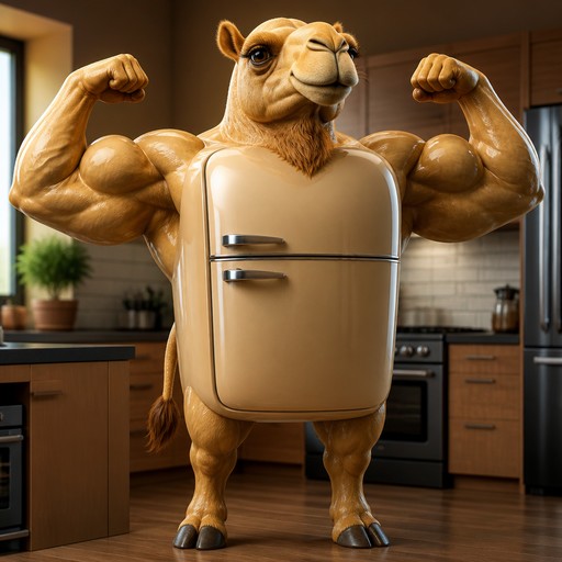 Muscular anthropomorphic camel-shaped refrigerator flexing in a modern kitchen.