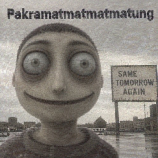 Grayscale surreal cartoon person beside a “same tomorrow again” sign.