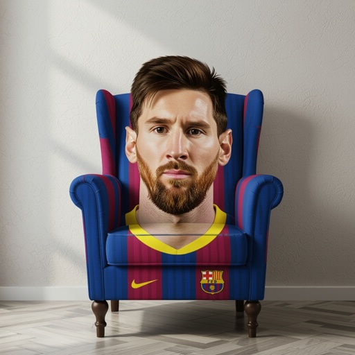 Uma cadeira com a cara do Messi e com pernas