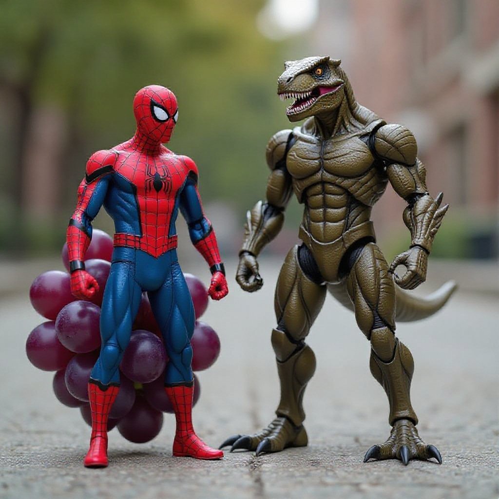 Uva con cara de spider-man con patas de tirex y cuerpo de guerreras-kpop