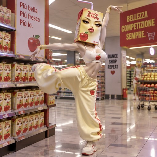 ballerina pop vanitosa che balla in un supermarket ha un top strettissimo e dei pantaloni larghi, la testa come un succo alla mela in scatolina e il corpo bellissimo è bianca, rossa e giallo chiarissimo pastello, è vanitosa, attraente e competitiva, balla sempre