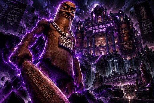 Purple neon digital collage of a person surrounded by glowing mansion signs and lightning
