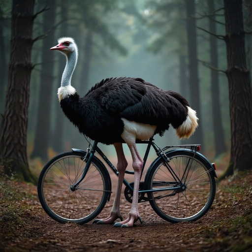 Ostrich with bicycle wheel body 2 human leg in woods