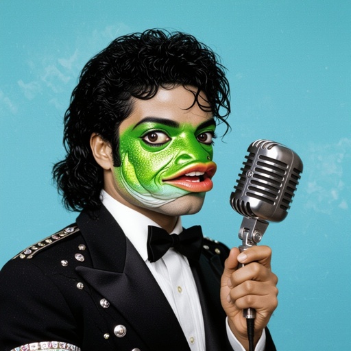 Un pez verde con pelo de michael jackon con un micrófono