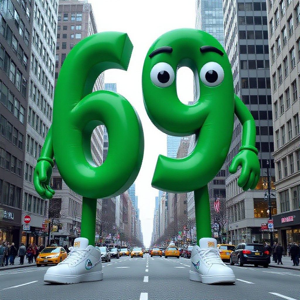 Green numbers 69 with human face 2 green arm 2 green leg with wear 2 white shoes in city