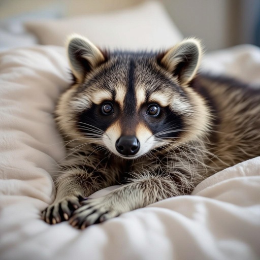 Raccon combined with a pillow on a bed