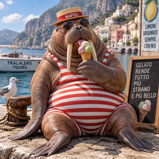 Cartoon walrus in striped swimwear holding ice cream beside colorful seaside signs