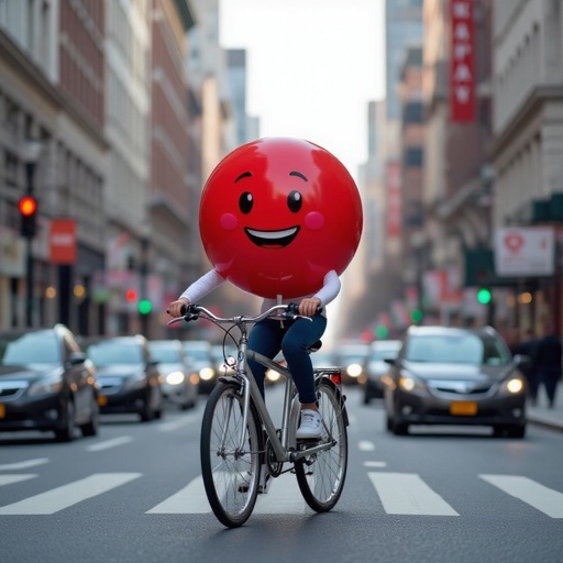 Lollipop with human face 2 white arm 2 white leg ride bicycle in city
