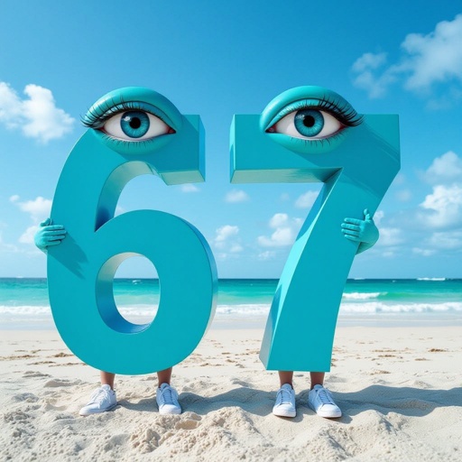 Cyan number 67 with 2 human eye ball 2 cyan arm 2 cyan leg wear white shoes in beach
