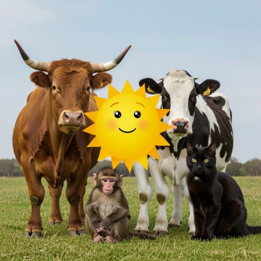 Bull, monkey,cow,and a cat merged together and with a sun for a body all combined