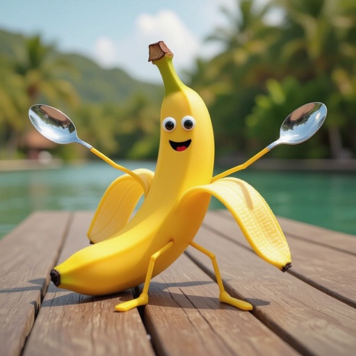 A banan that has straws for legs, spoons for arms