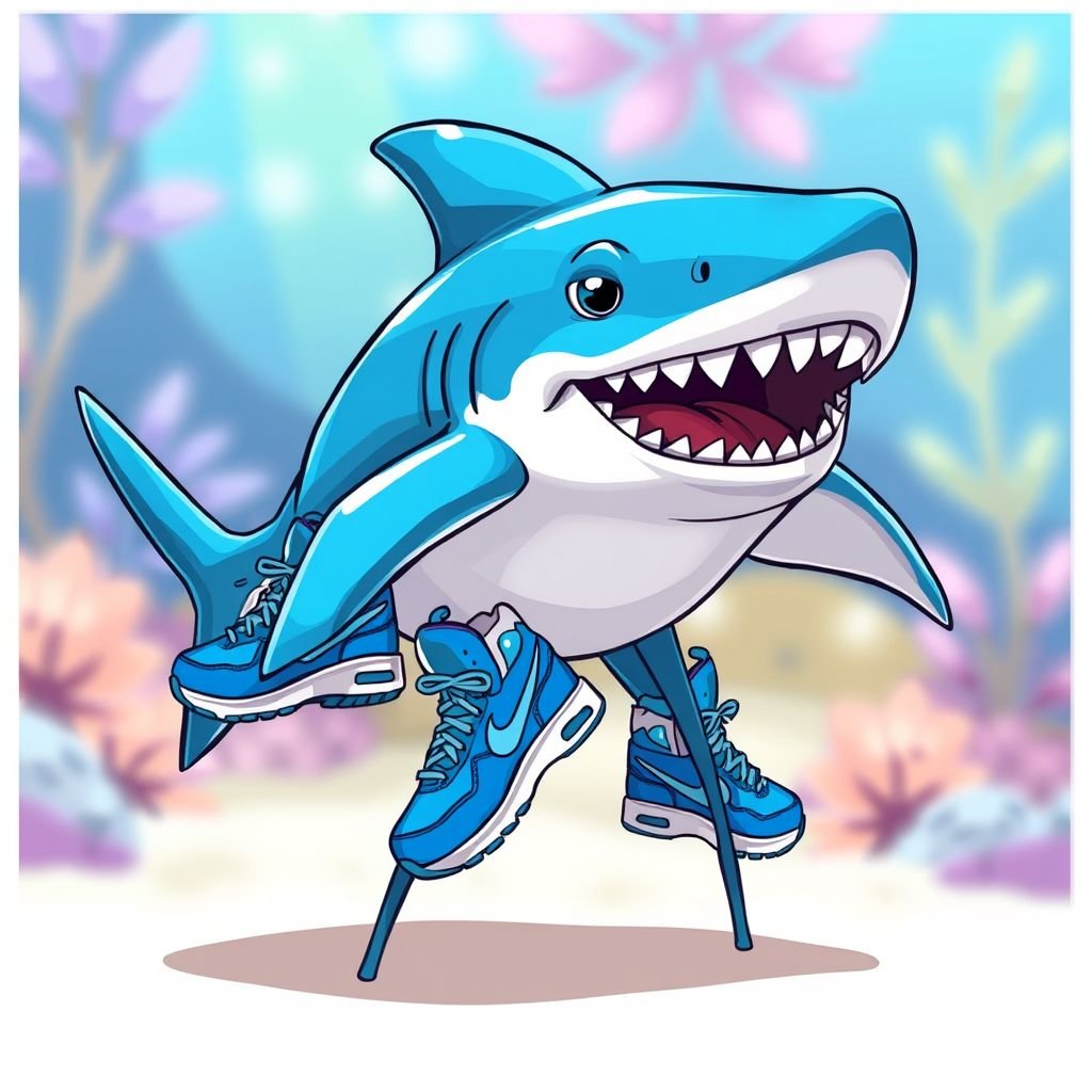 Shark with three legs and blue Nike shoes