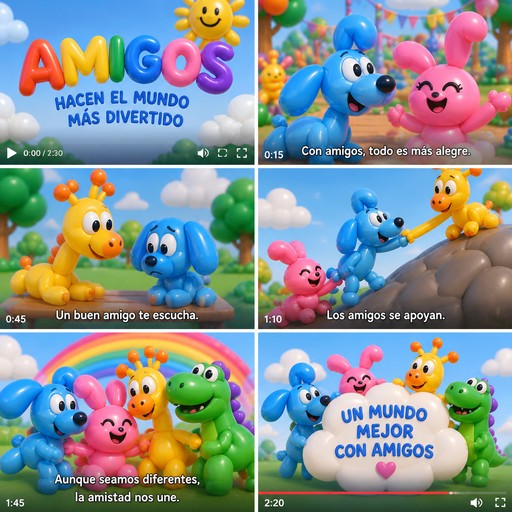 Colorful cartoon collage of animal characters and a smiling sun with Spanish friendship captions.
