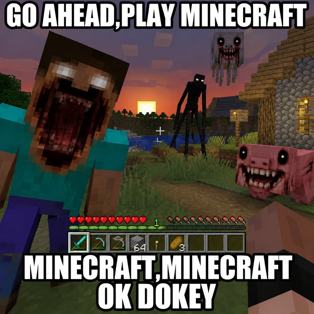 Minecraft-style scene with pixelated creatures, sunset, and bold meme text overlay