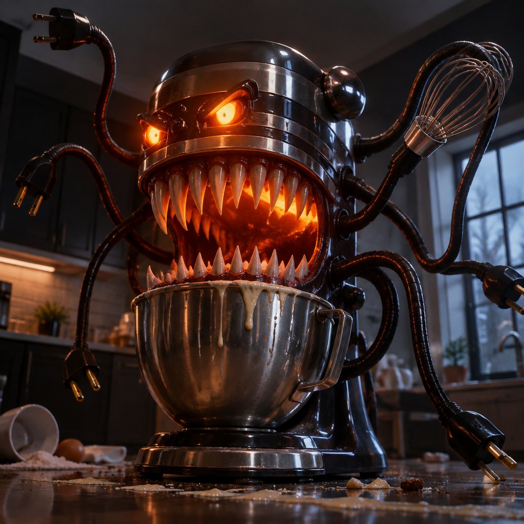 Glowing-eyed robotic mixer with sharp teeth in a dark kitchen scene