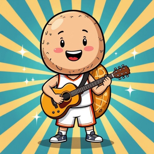 A basketball player holding a guitar and a peanut in the background